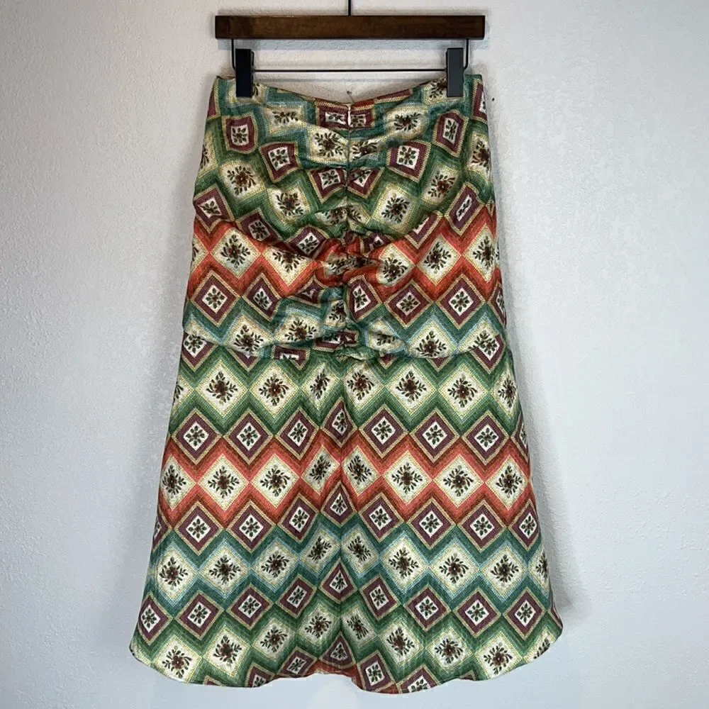 NWT AUTUMN ADEIGBO Soraya Geometric-Print Ruched Bead-Fringe Midi Skirt Size 8